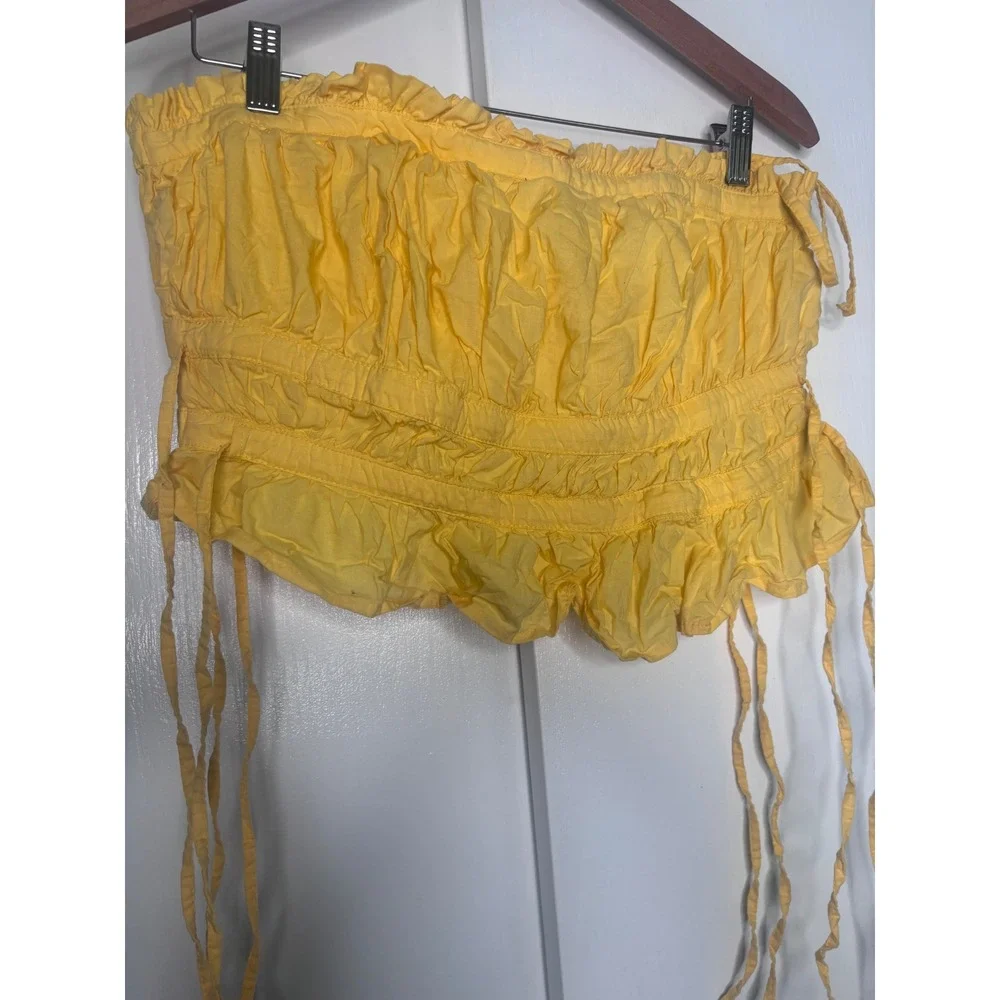Free People Yellow Smocked Tube Top Ruffle Crop Boho Strapless Large